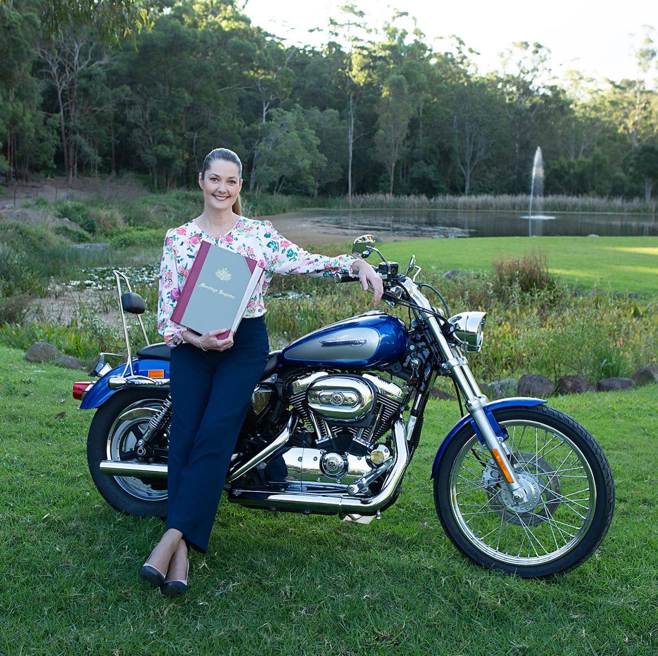 Karen Miles Wedding Celebrant Tamborine Mountain with her Harley Davidson motorbike